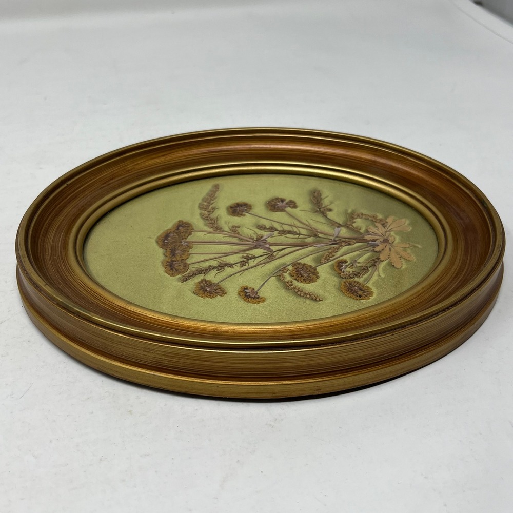 Vintage Dried Pressed Flower Botanical Wall Art Gold Oval Frames Set of 2 Green - Picture 4 of 6
